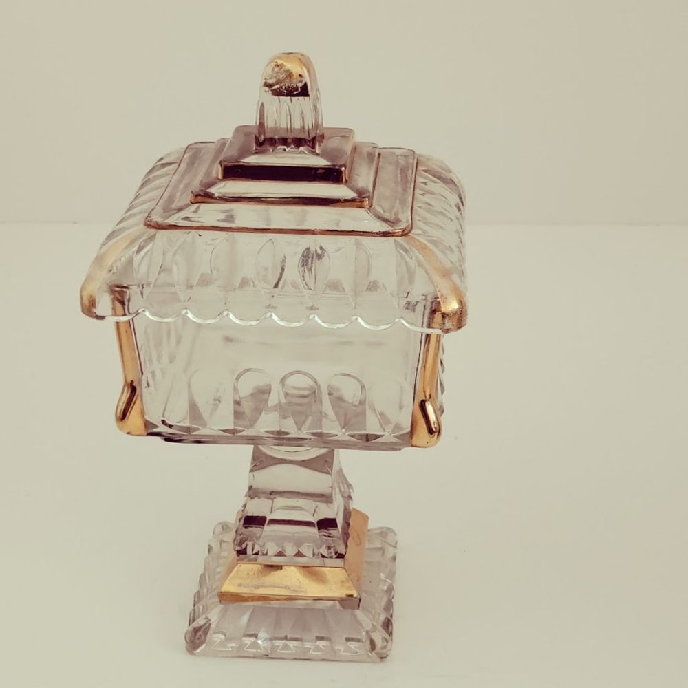 Vintage Jeannette Glass Square Covered Pedestal Candy Dish Wedding Box Gold Trim